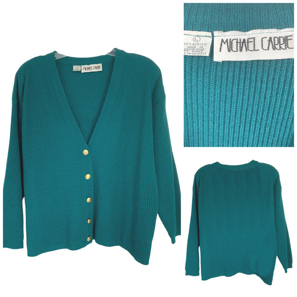 Vintage Michael Carrie Sz L Teal Chunky Ribbed Channel Knit Cardigan Sweater - Picture 1 of 6